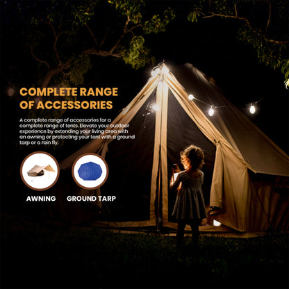 Child standing in front of a tent with text about tent accessories at night.