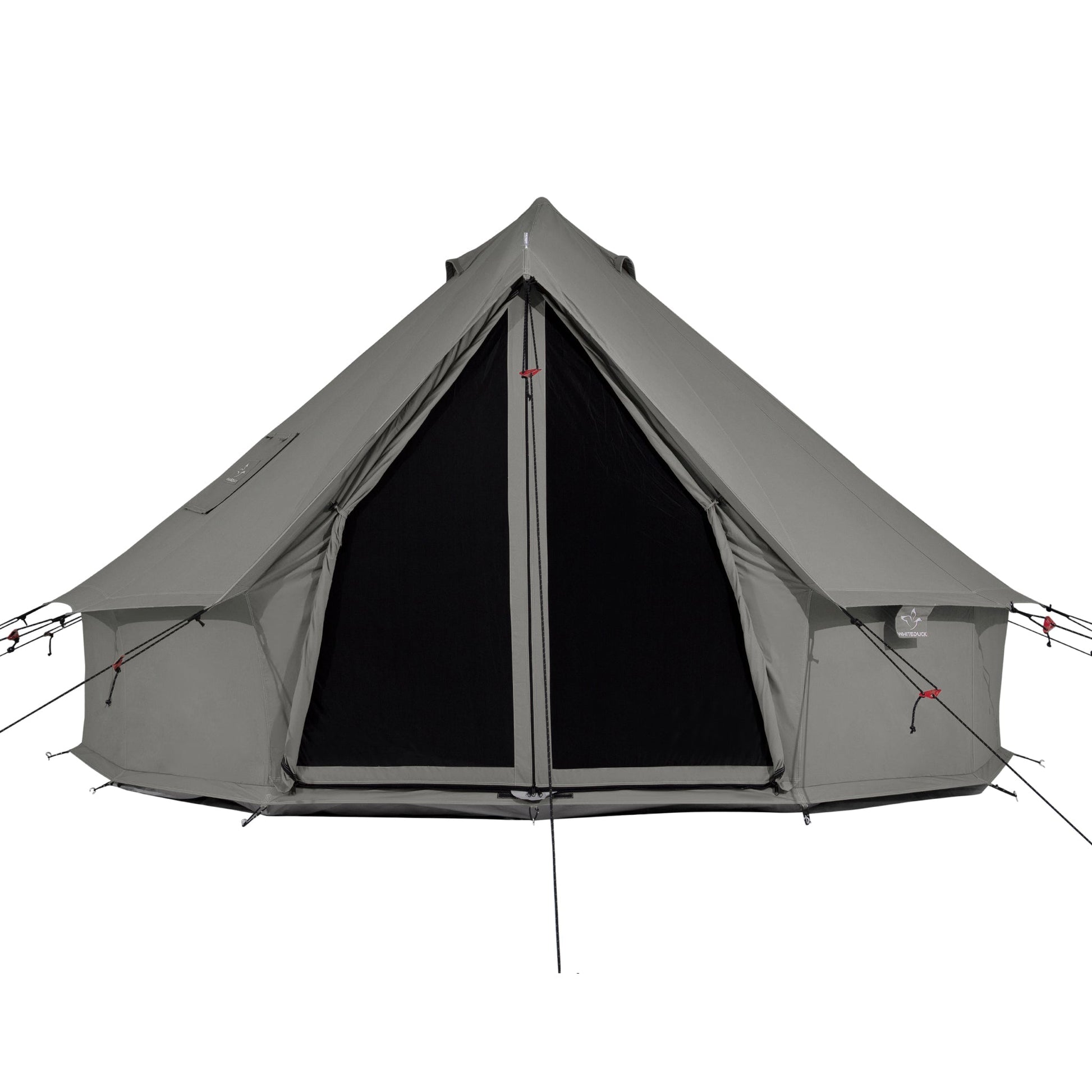Gray camping tent with a black interior on a white background