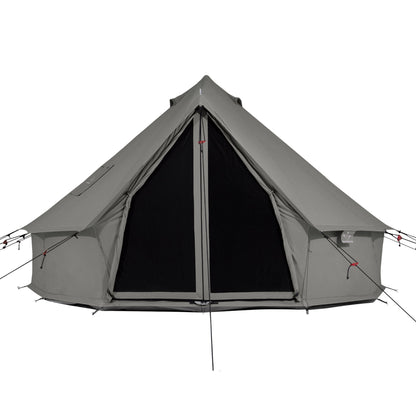Gray camping tent with a black interior on a white background