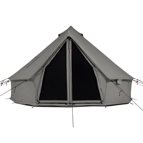 Gray camping tent with a black interior on a white background