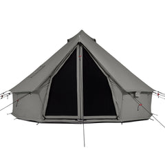 Gray camping tent with a black interior on a white background