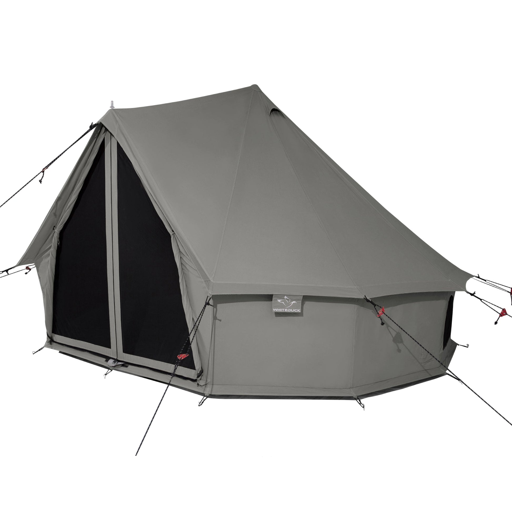 Gray tent with a black mesh side panel on a white background