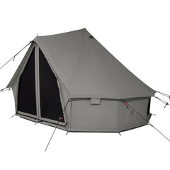Gray tent with a black mesh side panel on a white background