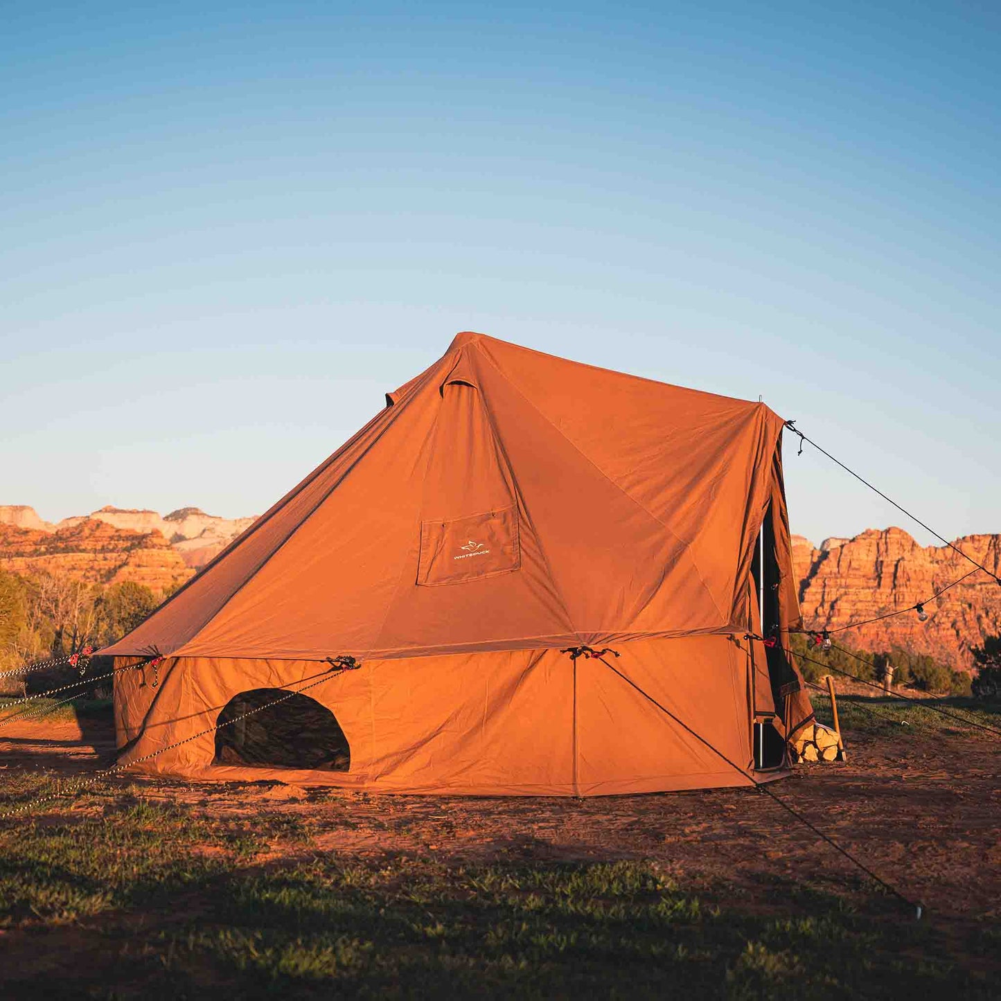 Brown tent set up in a field with mountains in the background