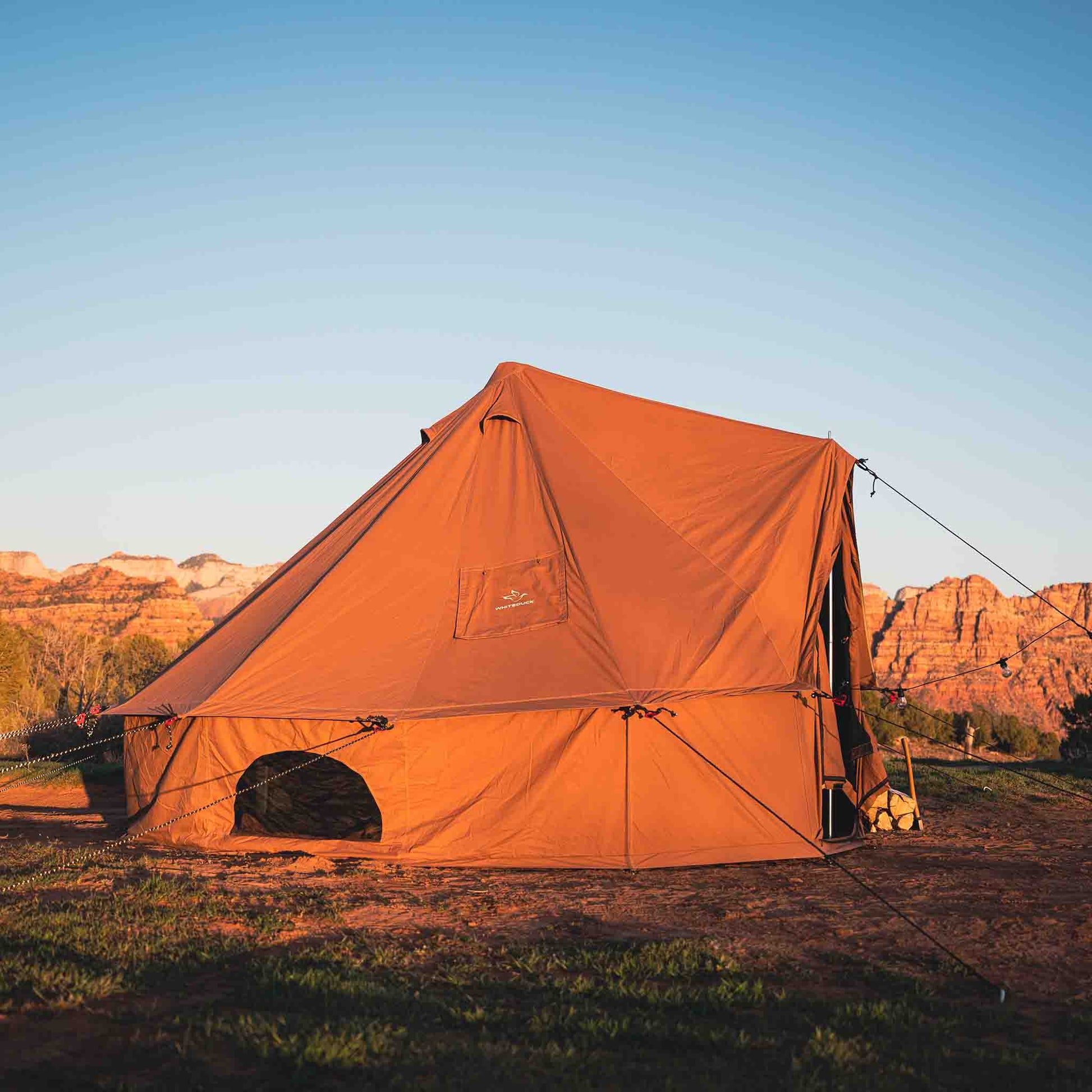 Brown tent set up in a field with mountains in the background