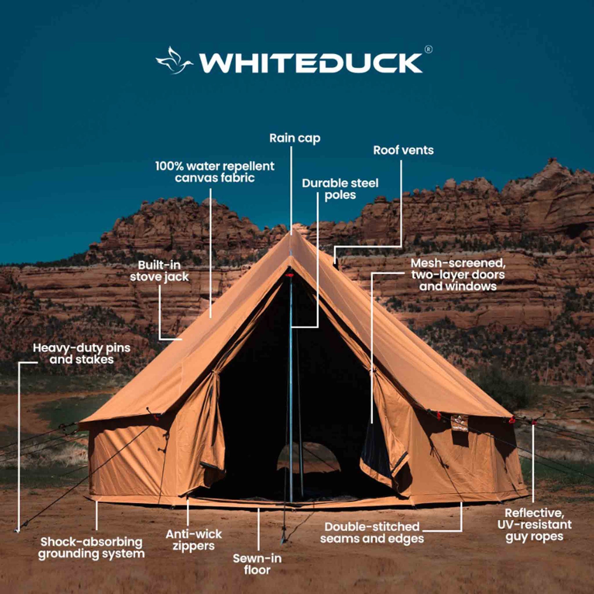 Brown tent with features labeled against a desert landscape background, featuring the Whiteduck brand.