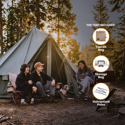 People sitting in front of a tent in a forest with camping gear features displayed.