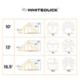 Whiteduck product dimensions chart with tent and door measurements.