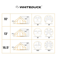 Whiteduck product dimensions chart with tent and door measurements.