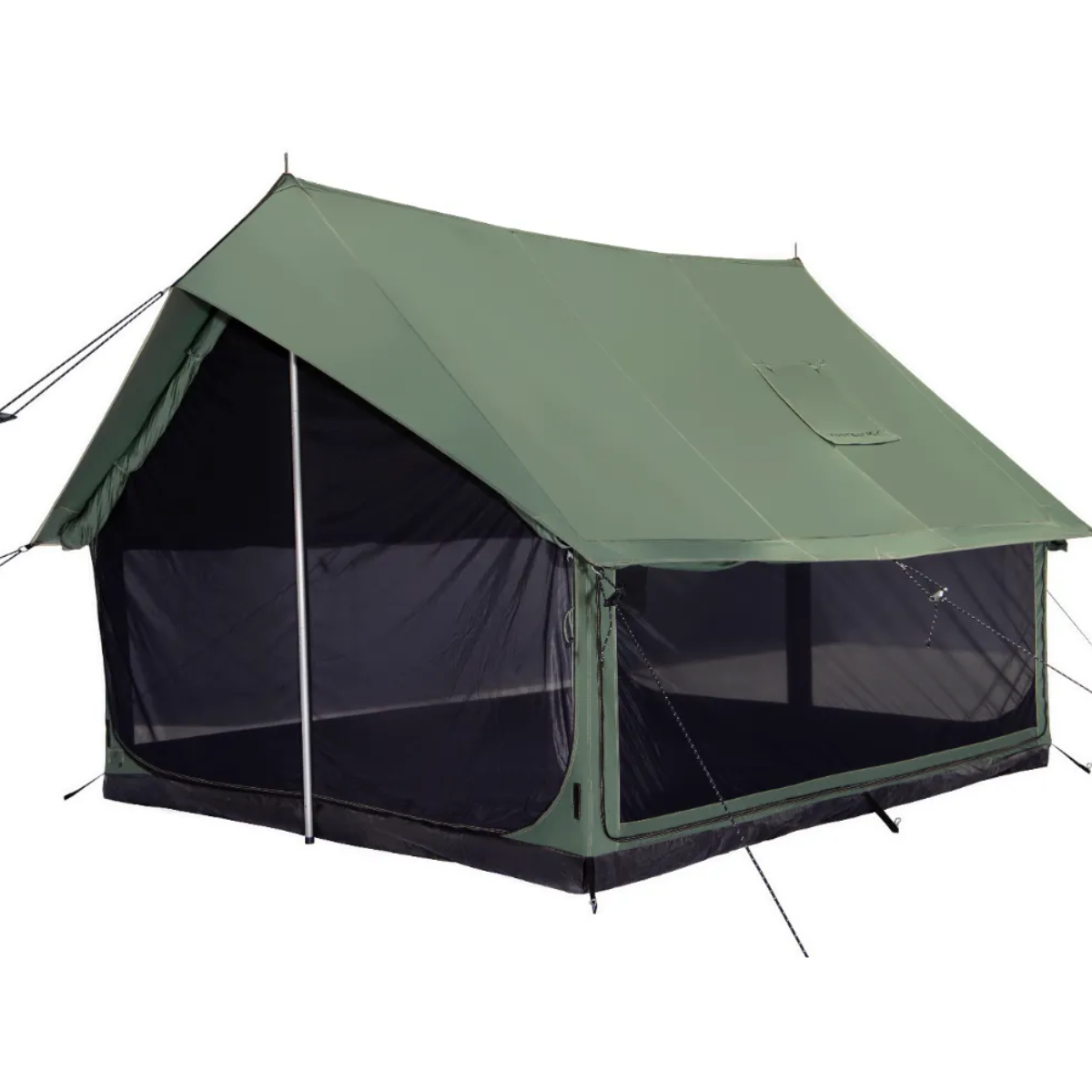 Green camping tent with mesh sides on a white background