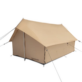 Beige camping tent with visible brand name on a white background