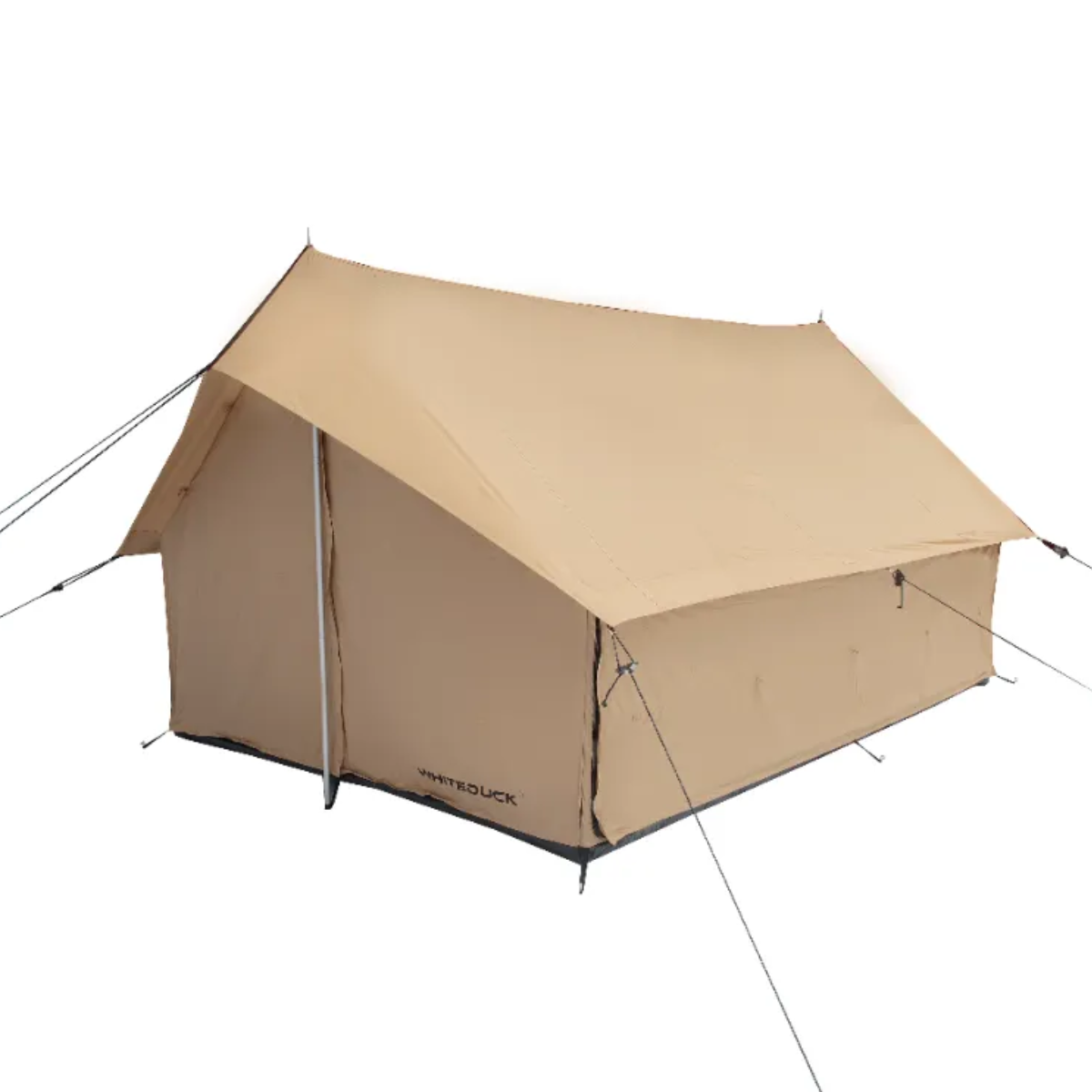 Beige camping tent with visible brand name on a white background
