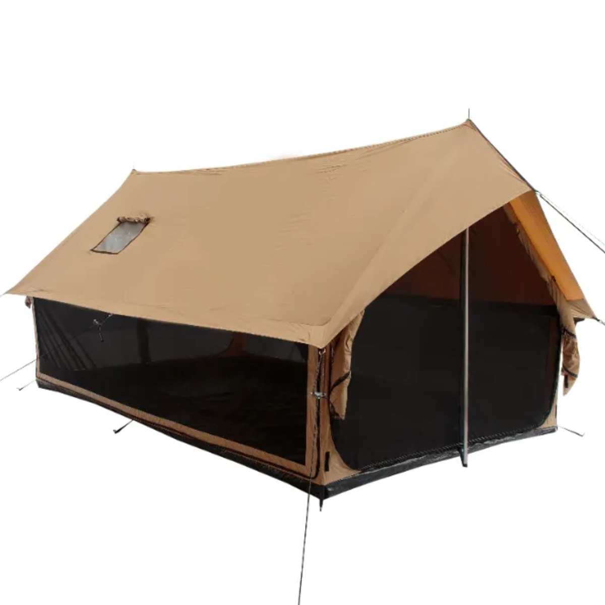 Beige camping tent with a screened porch on a white background