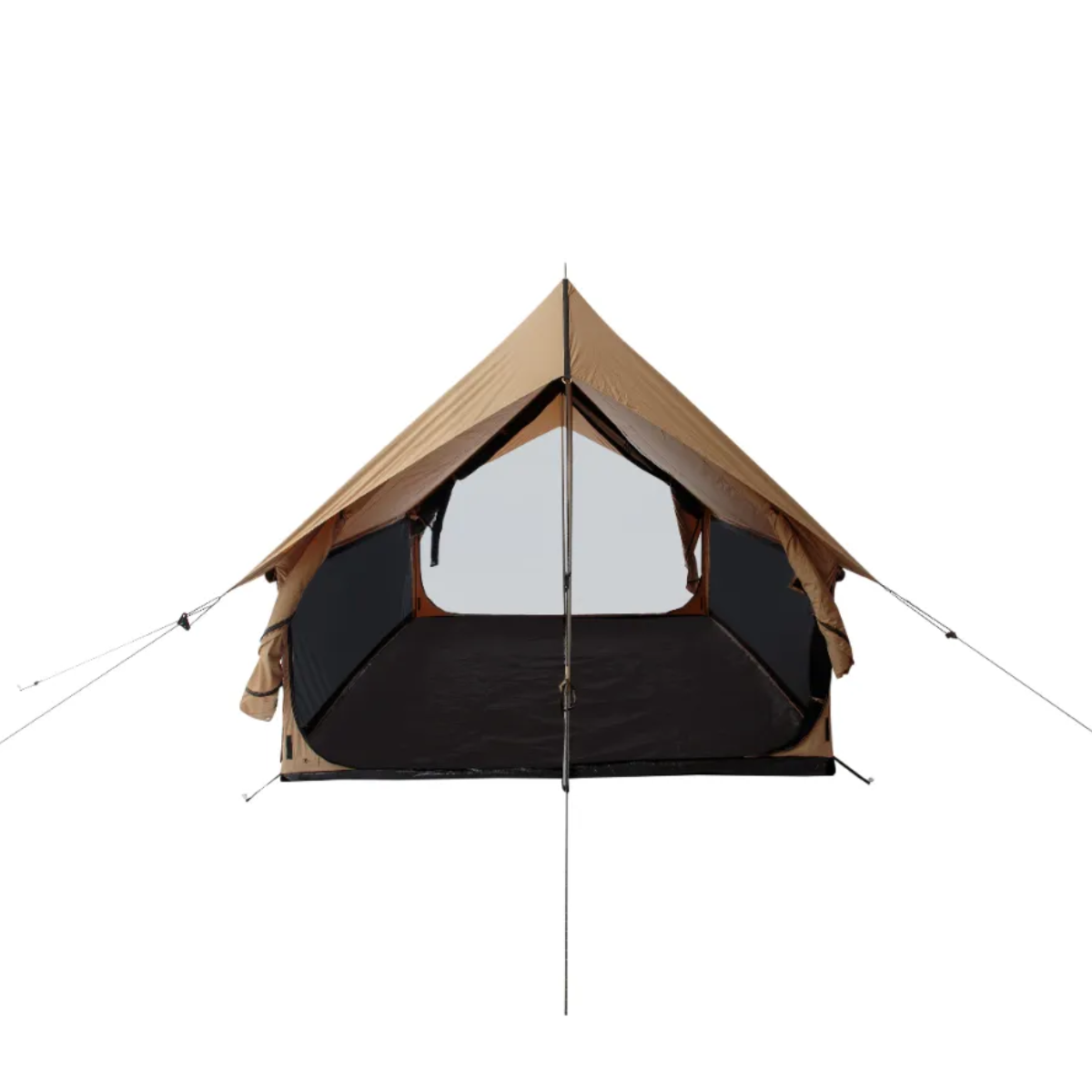 Beige camping tent with a black mesh door on a white background