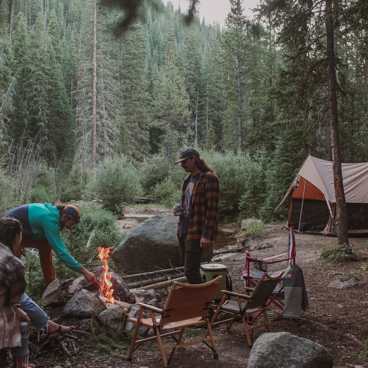 Group of people camping in a forest with a campfire and tents.