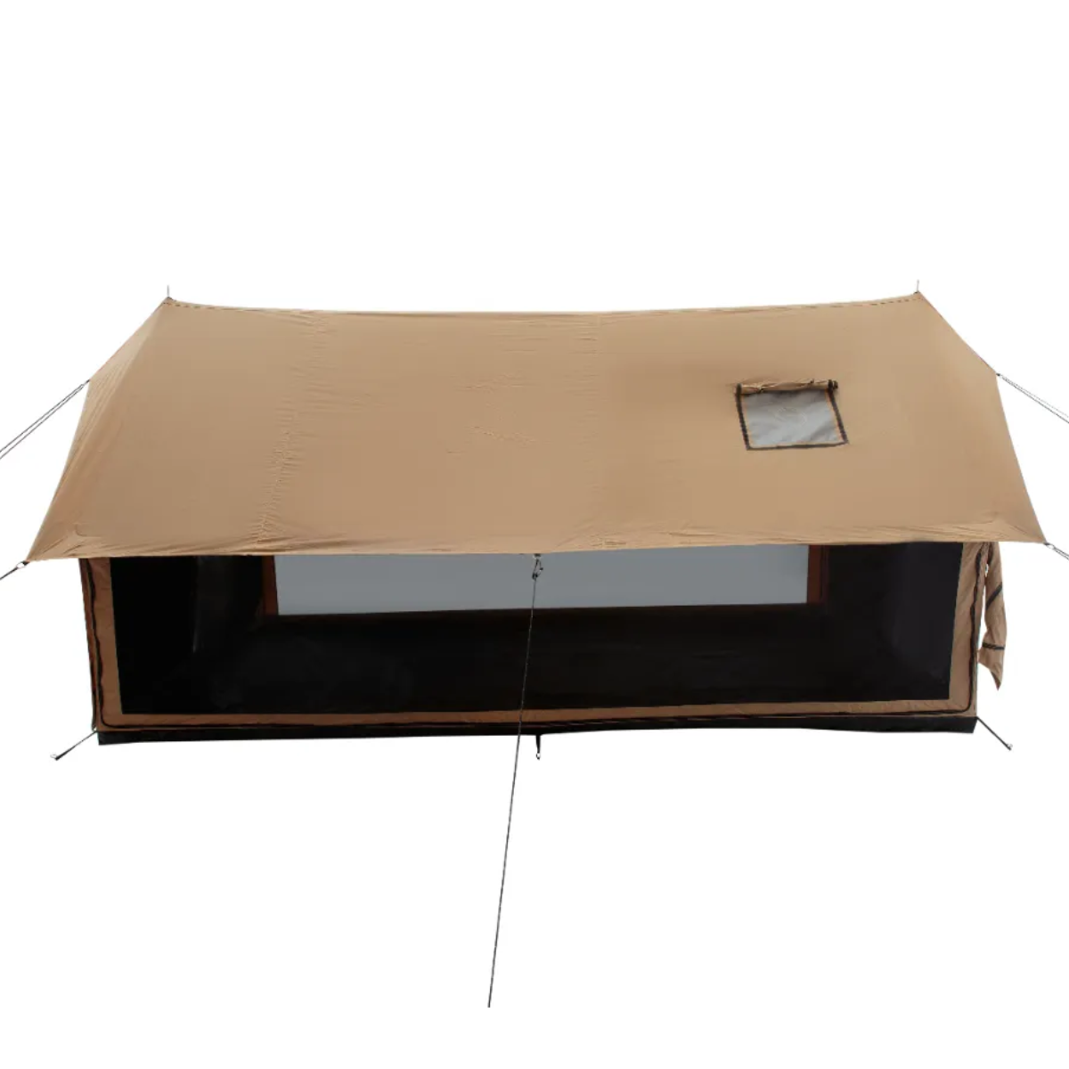 Beige camping tarp with a window on a white background