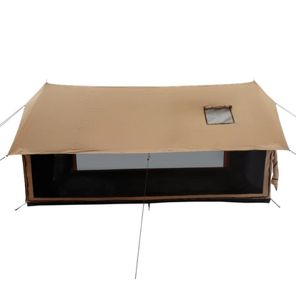 Beige camping tarp with a window on a white background