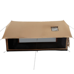 Beige camping tarp with a window on a white background