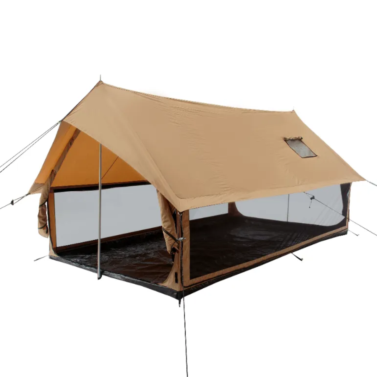Beige camping tent with a screened porch on a white background