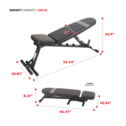 Sunny Health & Fitness Adjustable Utility Weight Bench with 430 LB Max Weight and Dual Incline Settings