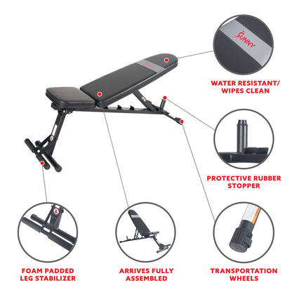 Sunny Health & Fitness Adjustable Utility Weight Bench with 430 LB Max Weight and Dual Incline Settings