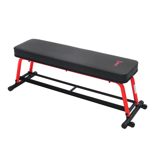 Sunny Health & Fitness Power Zone Strength Flat Bench with 550 LB Max Weight, Dumbbell Rack and Transport Wheels