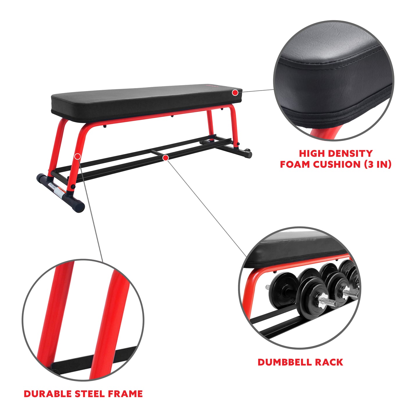 Sunny Health & Fitness Power Zone Strength Flat Bench with 550 LB Max Weight, Dumbbell Rack and Transport Wheels