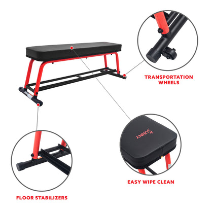 Sunny Health & Fitness Power Zone Strength Flat Bench with 550 LB Max Weight, Dumbbell Rack and Transport Wheels