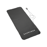 Black sauna mat with 'SAUNABOX' branding on a white background