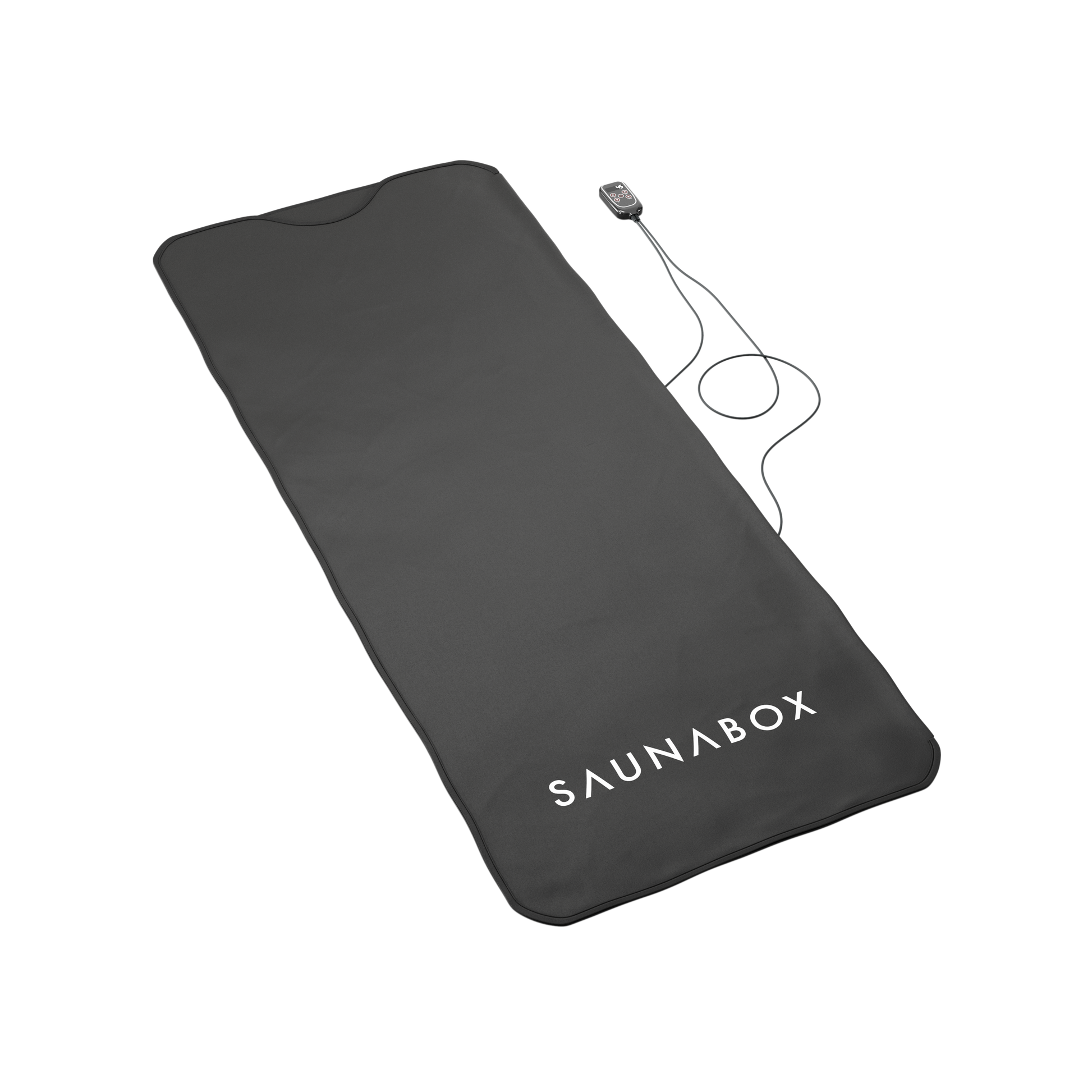 Black sauna mat with 'SAUNABOX' branding on a white background