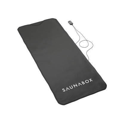 Black sauna mat with 'SAUNABOX' branding on a white background