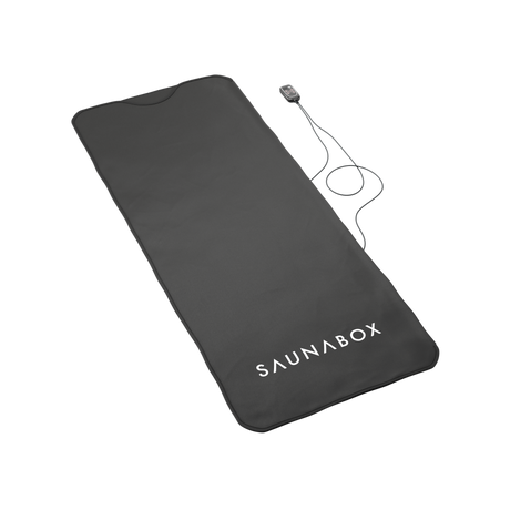Black sauna mat with 'SAUNABOX' branding on a white background
