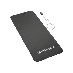 Black sauna mat with 'SAUNABOX' branding on a white background