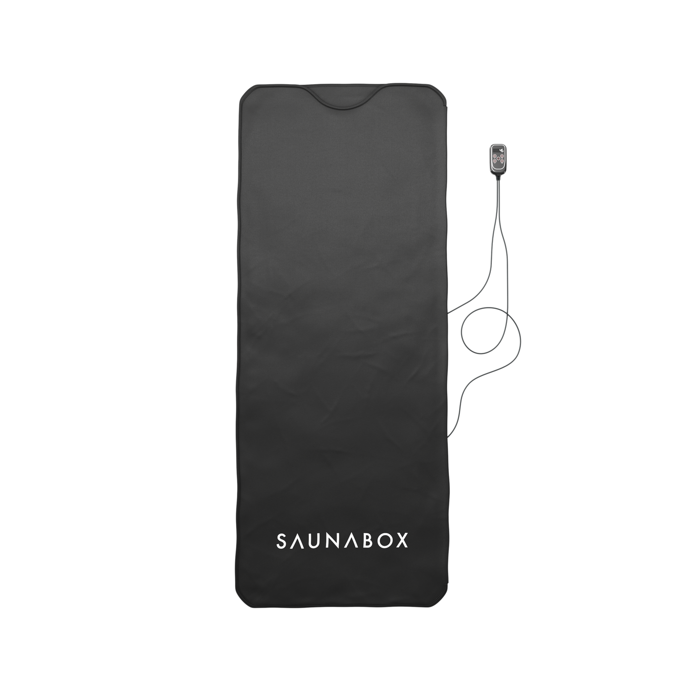 Black sauna mat with 'SAUNABOX' branding on a white background