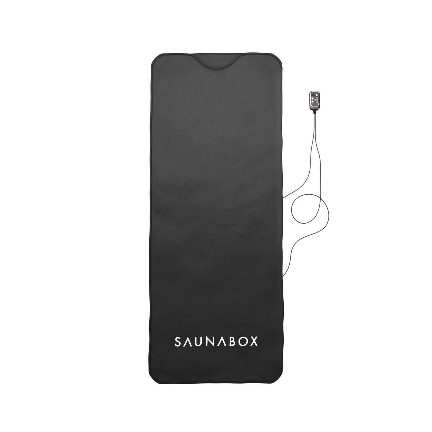 Black sauna mat with 'SAUNABOX' branding on a white background