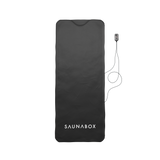 Black sauna mat with 'SAUNABOX' branding on a white background
