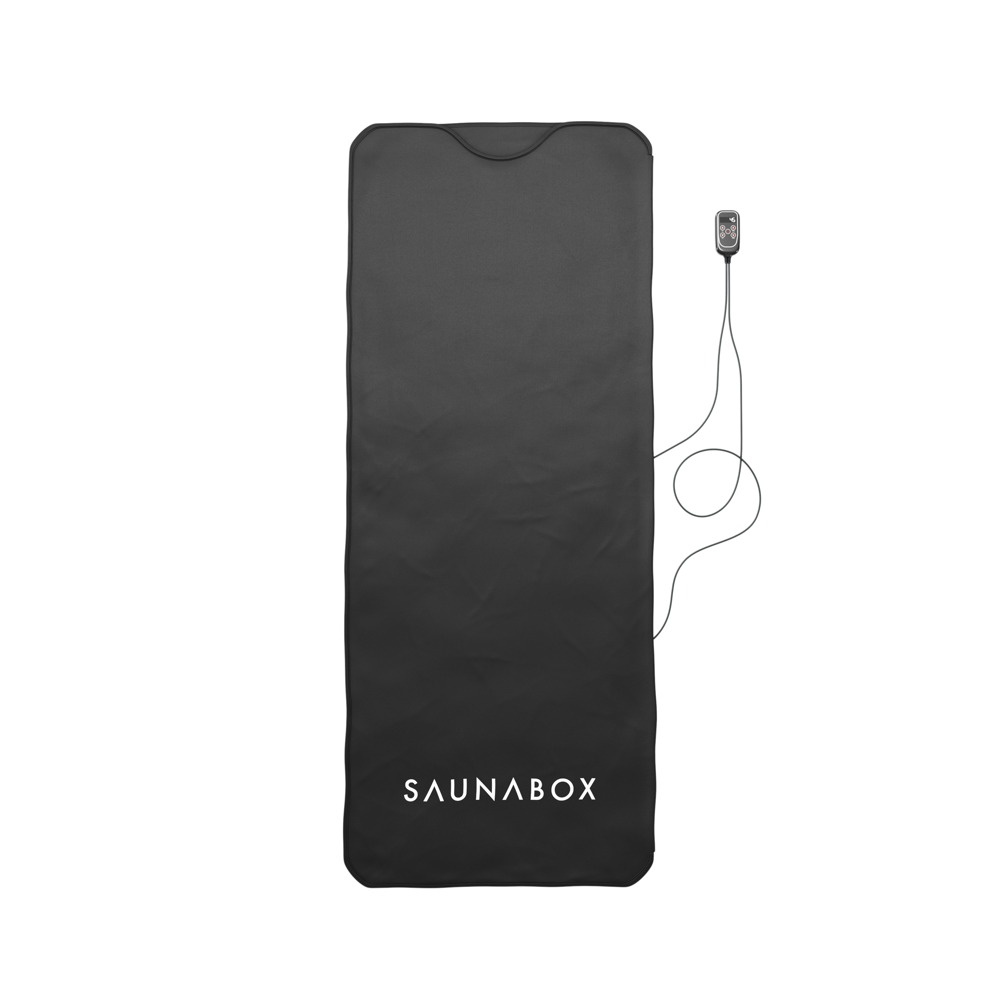 Black sauna mat with 'SAUNABOX' branding on a white background