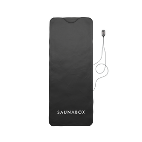 Black sauna mat with 'SAUNABOX' branding on a white background