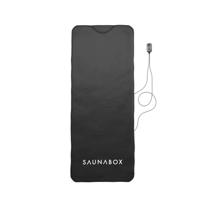 Black sauna mat with 'SAUNABOX' branding on a white background