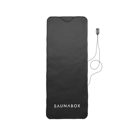 Black sauna mat with 'SAUNABOX' branding on a white background