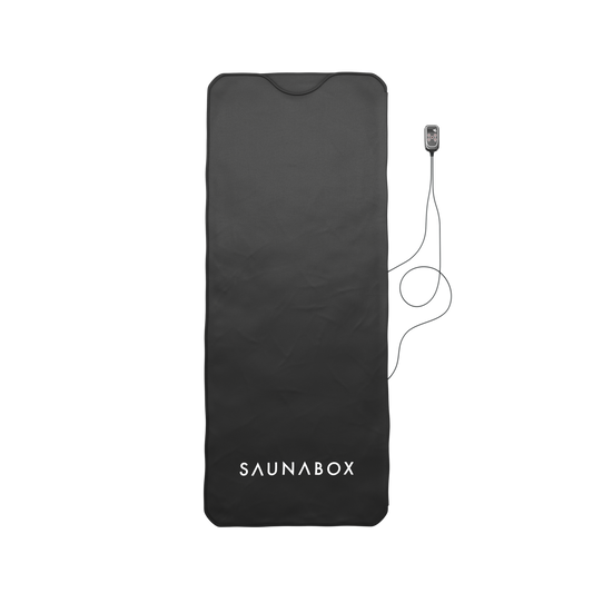 Black sauna mat with 'SAUNABOX' branding on a white background