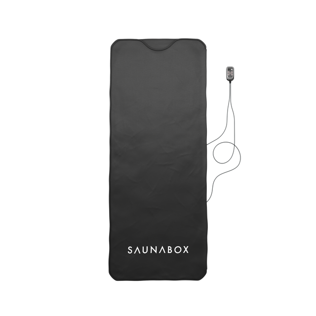 Black sauna mat with 'SAUNABOX' branding on a white background
