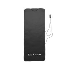 Black sauna mat with 'SAUNABOX' branding on a white background