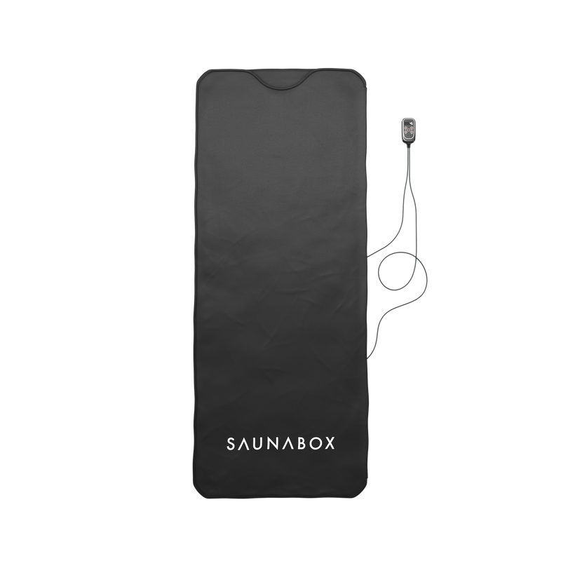 Black sauna mat with 'SAUNABOX' branding on a white background