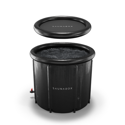 Black inflatable sauna with lid on a white background