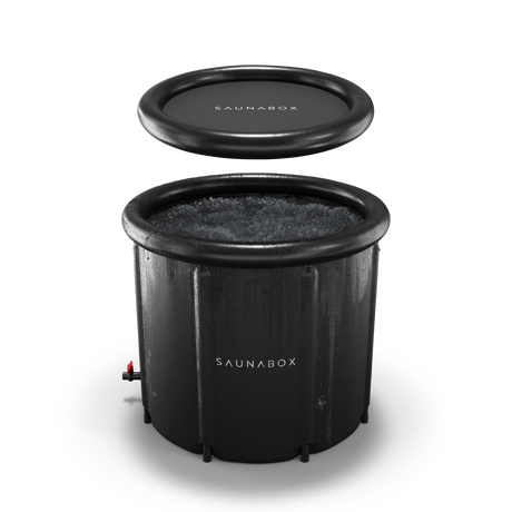Black inflatable sauna with lid on a white background