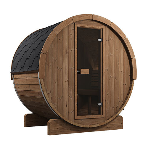SaunaLife Model E6 barrel sauna three-quarter view – 80.7 inch wide Nordic Spruce barrel with stainless steel bands and black shingle roof