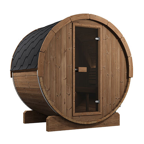 SaunaLife Model E6 barrel sauna three-quarter view – 80.7 inch wide Nordic Spruce barrel with stainless steel bands and black shingle roof