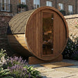  SaunaLife Model E6 Ergo Series outdoor barrel sauna exterior front view – Thermo-Spruce with tempered bronze glass door and black shingle roof