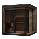 SaunaLife GL6 outdoor sauna three-quarter view – wrap-around eaves, integrated porch, recessed LED exterior lighting and full-height glass door